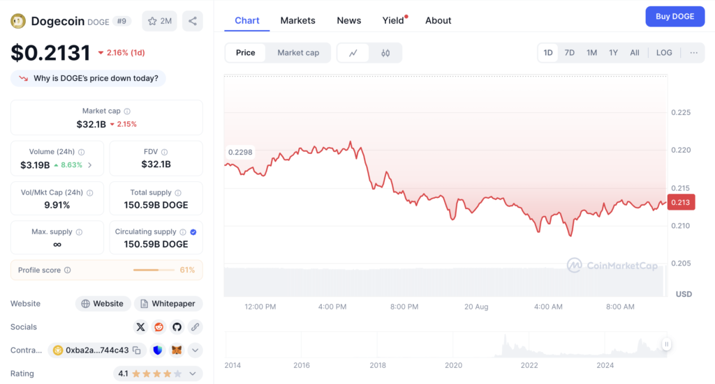 نمودار قیمت و اطلاعات بازار دوج کوین - منبع: CoinMarketCap
